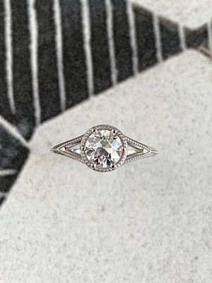 Bijou Round Old European Cut Moissanite Split Shank 14k White Gold Engagement Ring