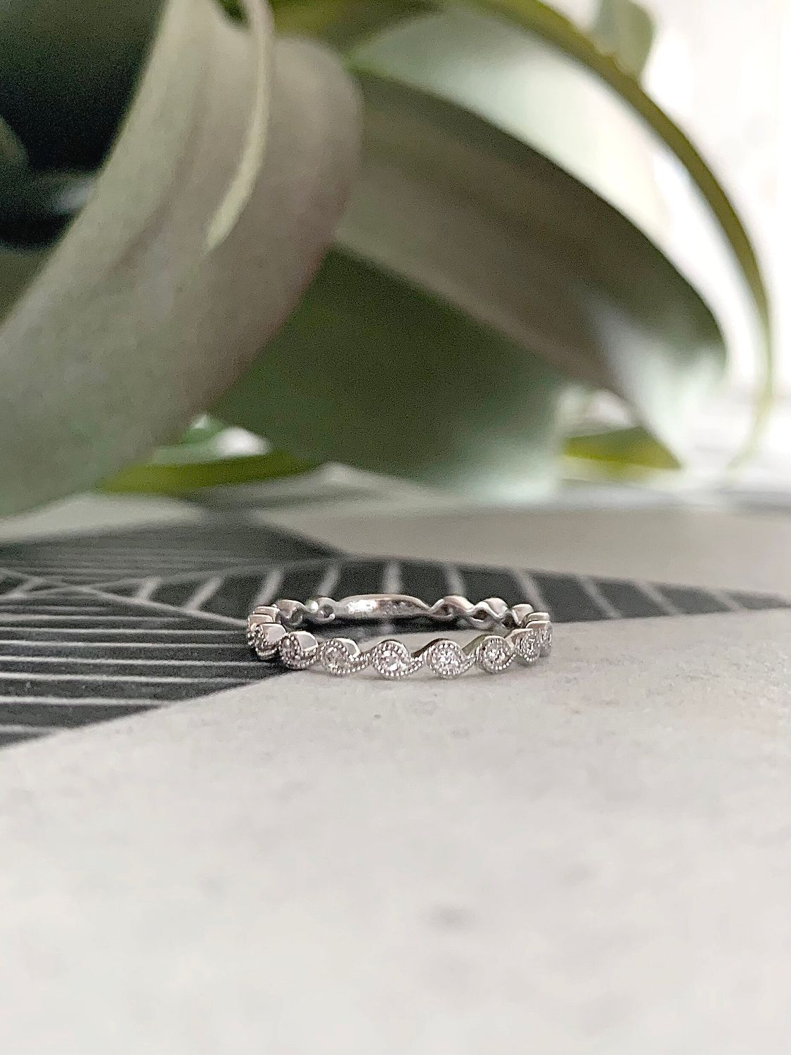 Milgrain Wave Diamond Band 14k White Gold