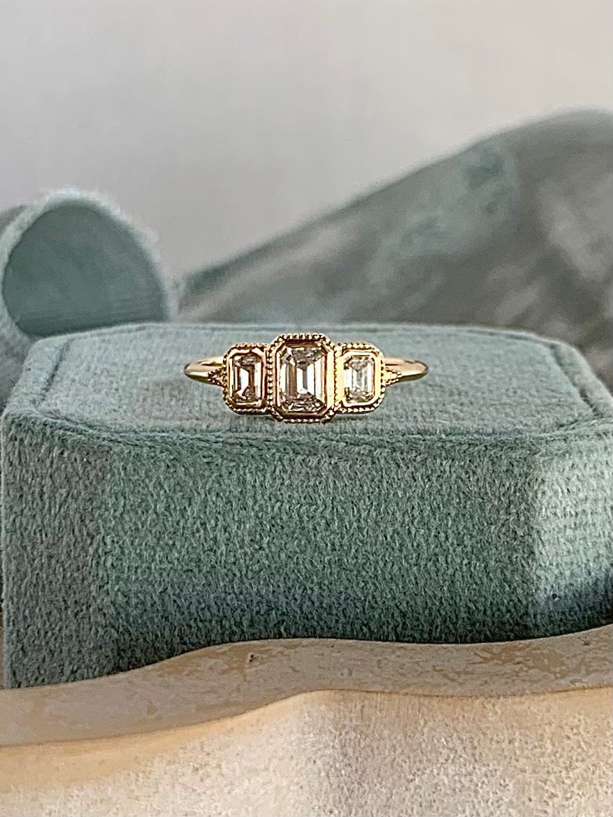 Caprice Emerald Cut Diamond .76ctw trio 14k Yellow Gold Engagement Ring