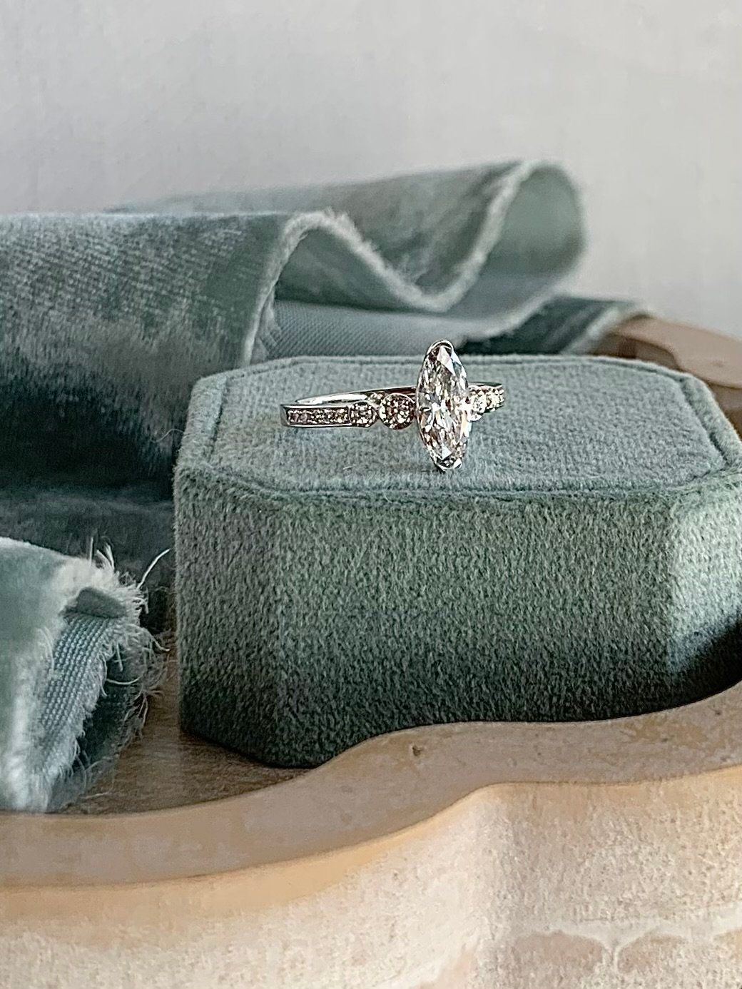 Zahra Moval Cut Lab Diamond Center with Lab Diamond Accents 18k White Gold Engagement Ring