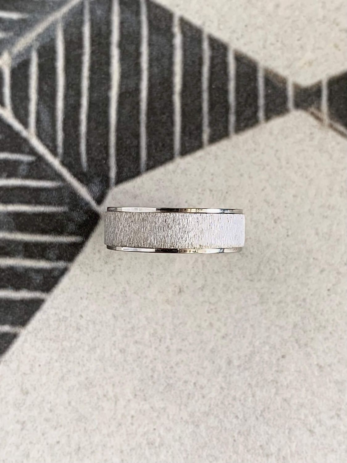 Stepped Edge Comfort Fit Flat Band with Stone Finish 14K White Gold Wedding Band