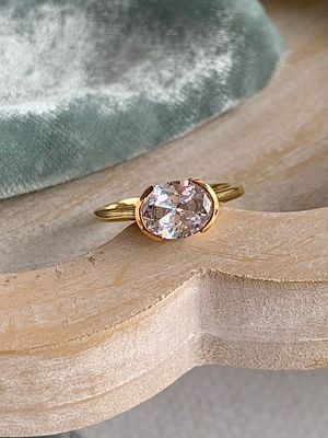 Willa Oval Cut 9X7mm Moissanite Center Half Bezel 14k Yellow Gold Engagement Ring