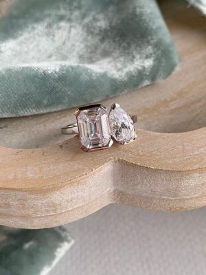 Remi Double Pear Cut 9X6 Moissanite & Emerald Cut 9X7 Moissanite 14k White Gold Engagement Ring