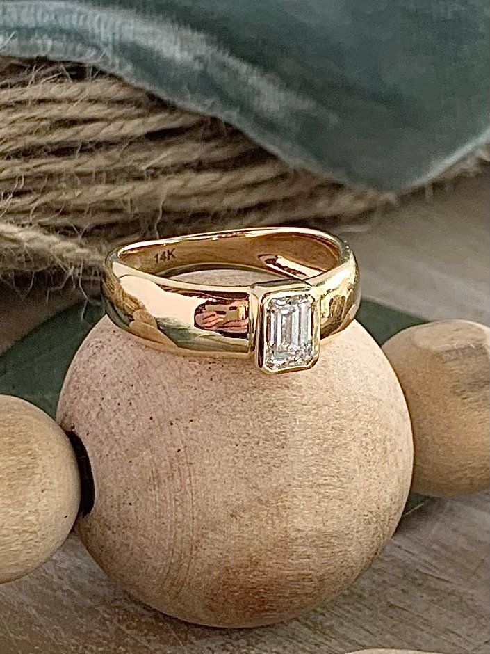 Sorcha Emerald Cut Diamond Domed 14k Yellow Gold Engagement Ring