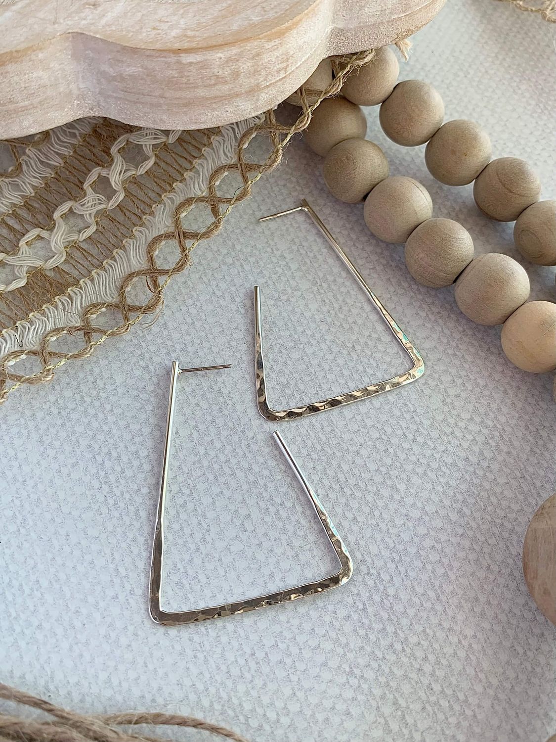 Angles Hammered Silver Post Hoop Earrings