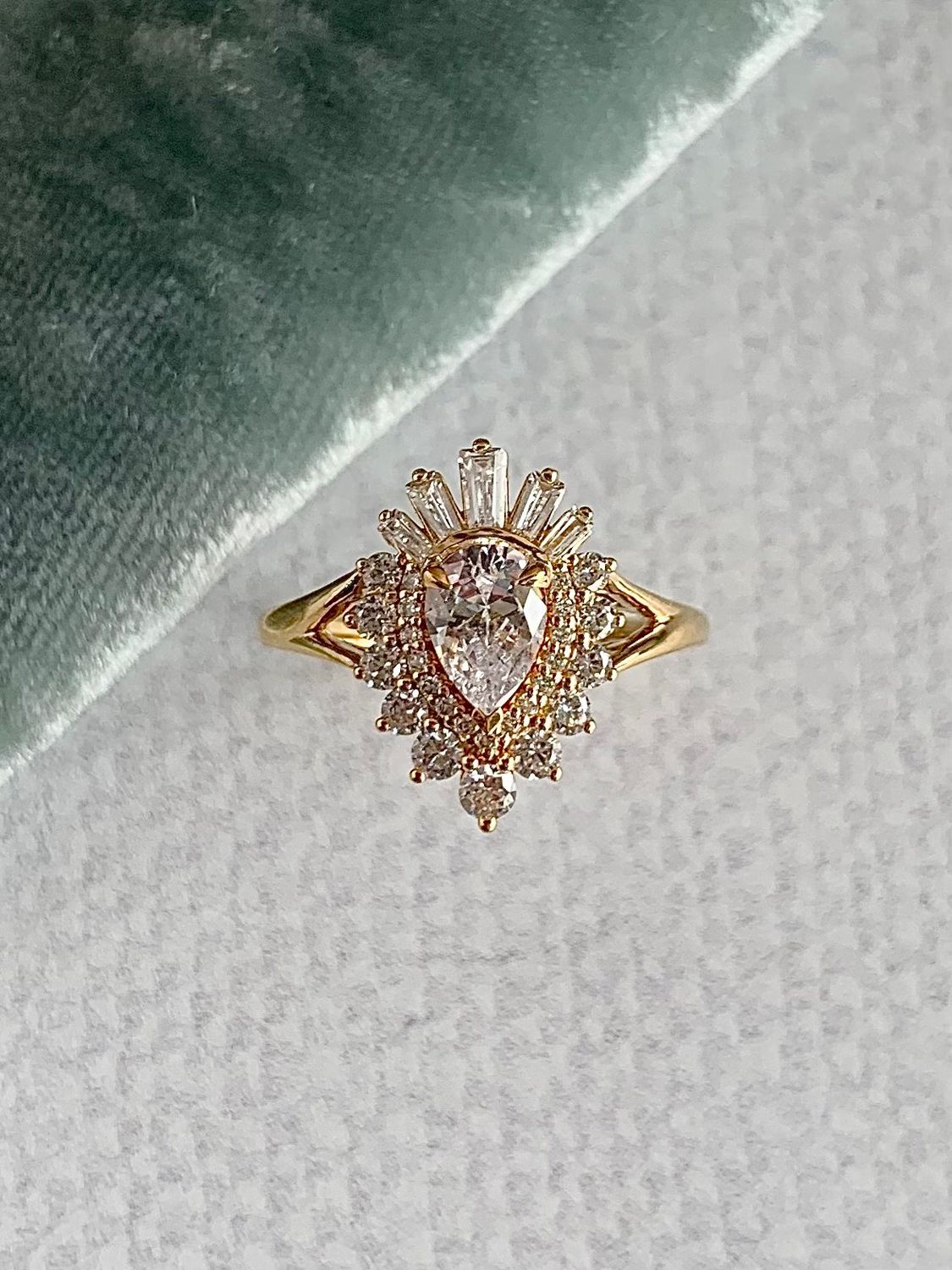 Amaranth Pear Cut .60ct Lab Diamond Center with .625ctw Diamond Halo Flair 14k Yellow Gold Engagement Ring