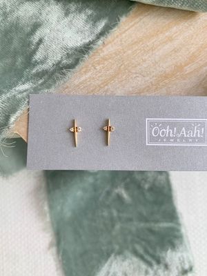 Double Cross Dagger Diamond 14k Yellow Gold Stud Earrings