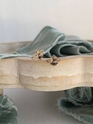 Busy Bee White & Black Diamond 14k Yellow Gold Stud Earrings