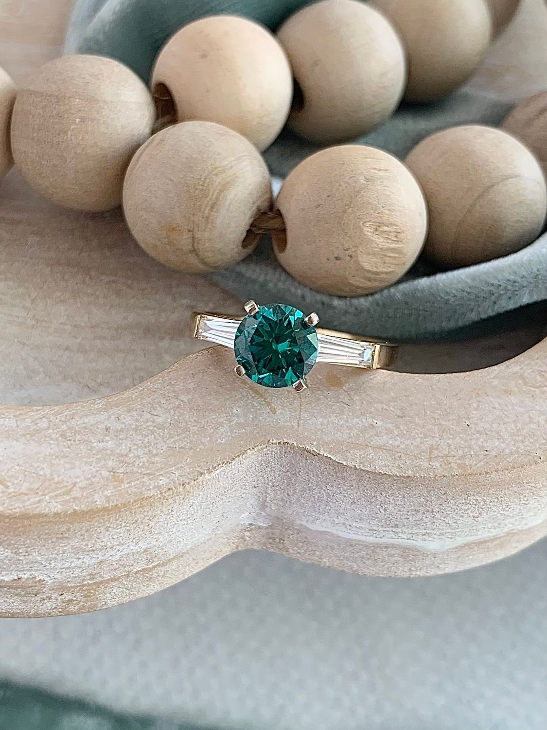 Sloane Round Brilliant Cut Green Moissanite With Tapered Baguette Accents 14k Yellow Gold Engagement Ring