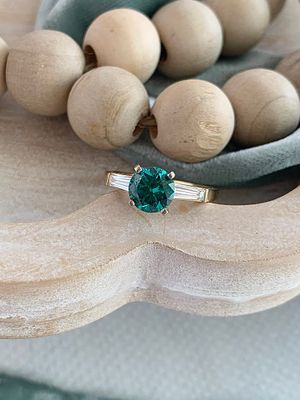 Sloane Round Brilliant Cut Green Moissanite With Tapered Baguette Accents 14k Yellow Gold Engagement Ring