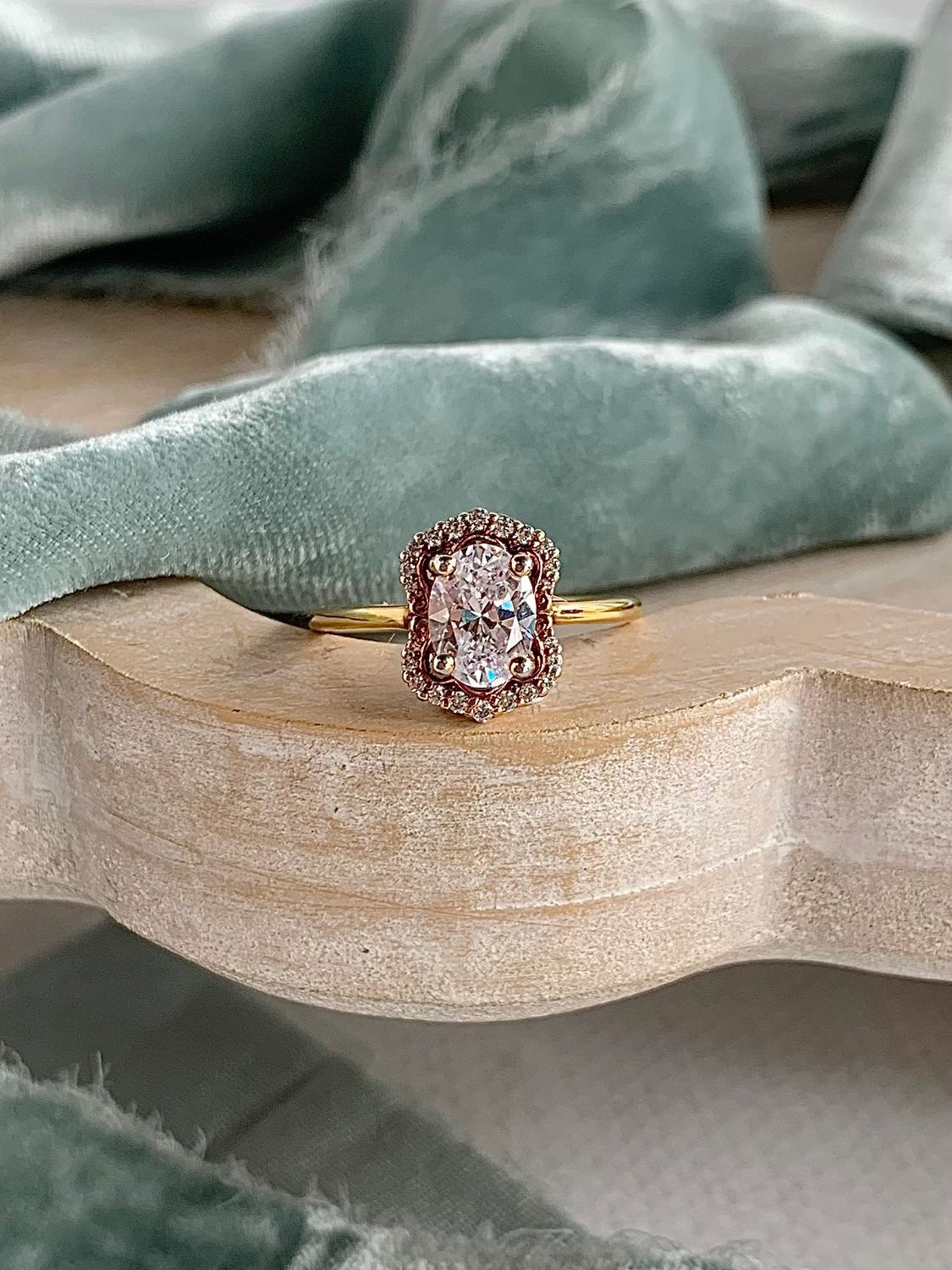Giselle 14k Rose Gold Oval Moissanite Scalloped Halo Engagement Ring