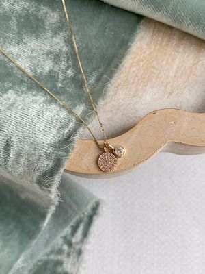 Sweet Pave Diamond Dot with Single Daimond 14k Yellow Gold Necklace