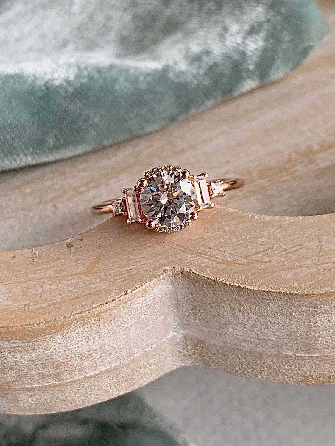 Rosalia Round Brilliant Cut 6.5mm Moissanite Center with .20ctw Accent Diamond 14k Rose Gold Engagement Ring