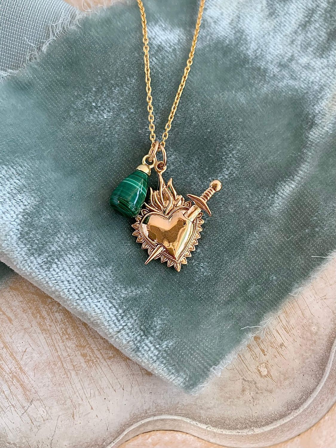 My Flaming Pierced Heart Malachite Mixed Metal Necklace