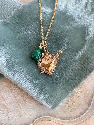 My Flaming Pierced Heart Malachite Mixed Metal Necklace