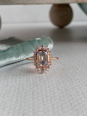 Belladonna Emerald Cut 8X6 Moissanite Center with .33ctw Moissanite Halo Flair 14k Rose Gold Engagement Ring