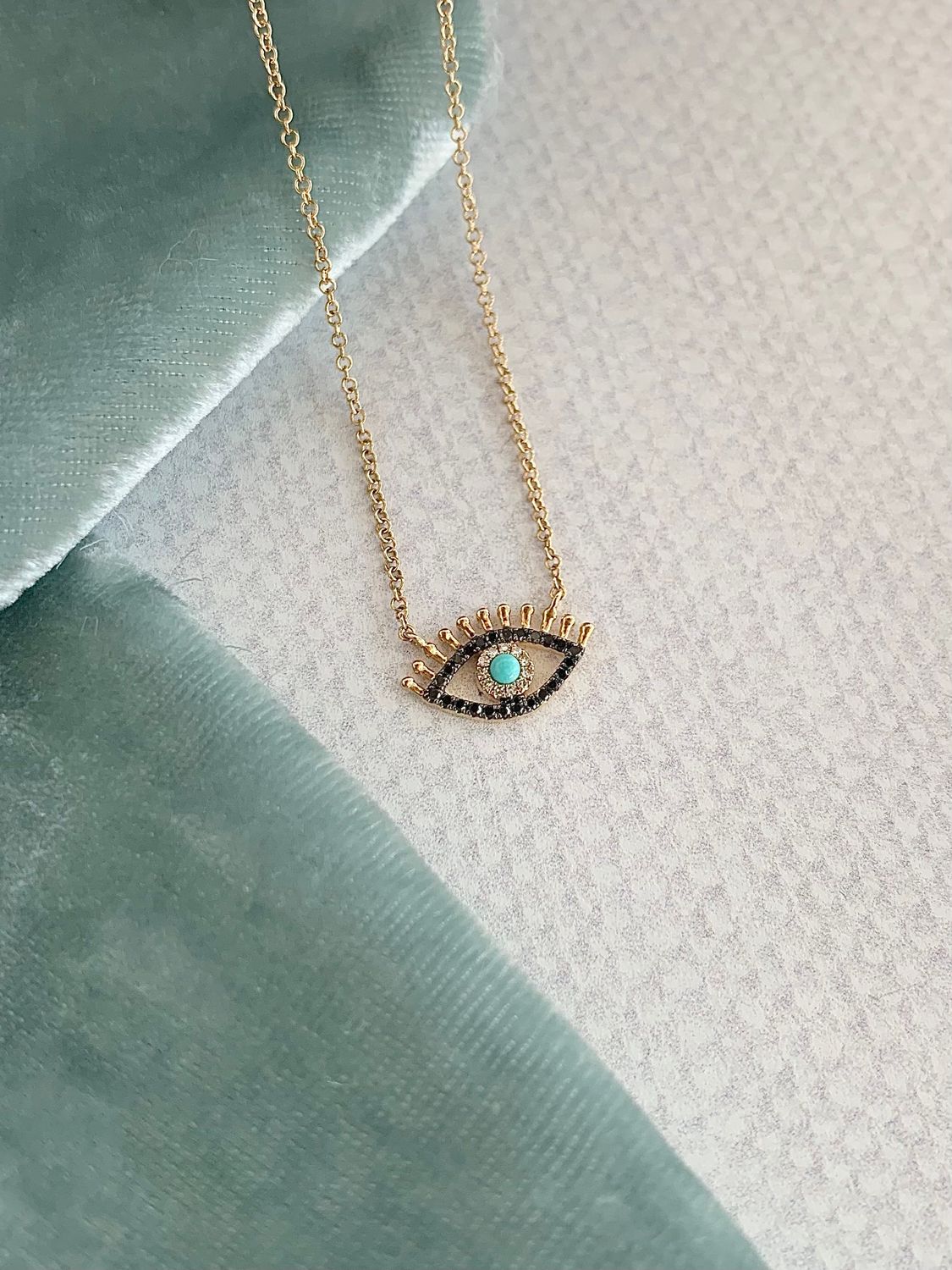 Vigilante Evil Eye Black Diamond & Turquoise 14k Yellow Gold Necklace