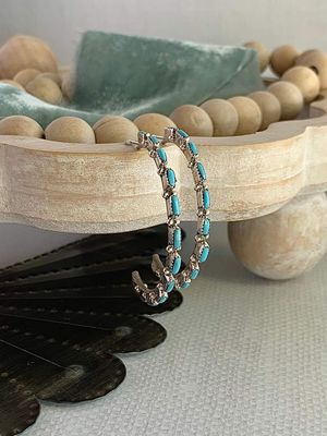 Slender Needle Point Turquoise Silver Hoop Earrings