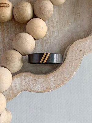 6mm Zirconium With Double Gold Lines Mens Band