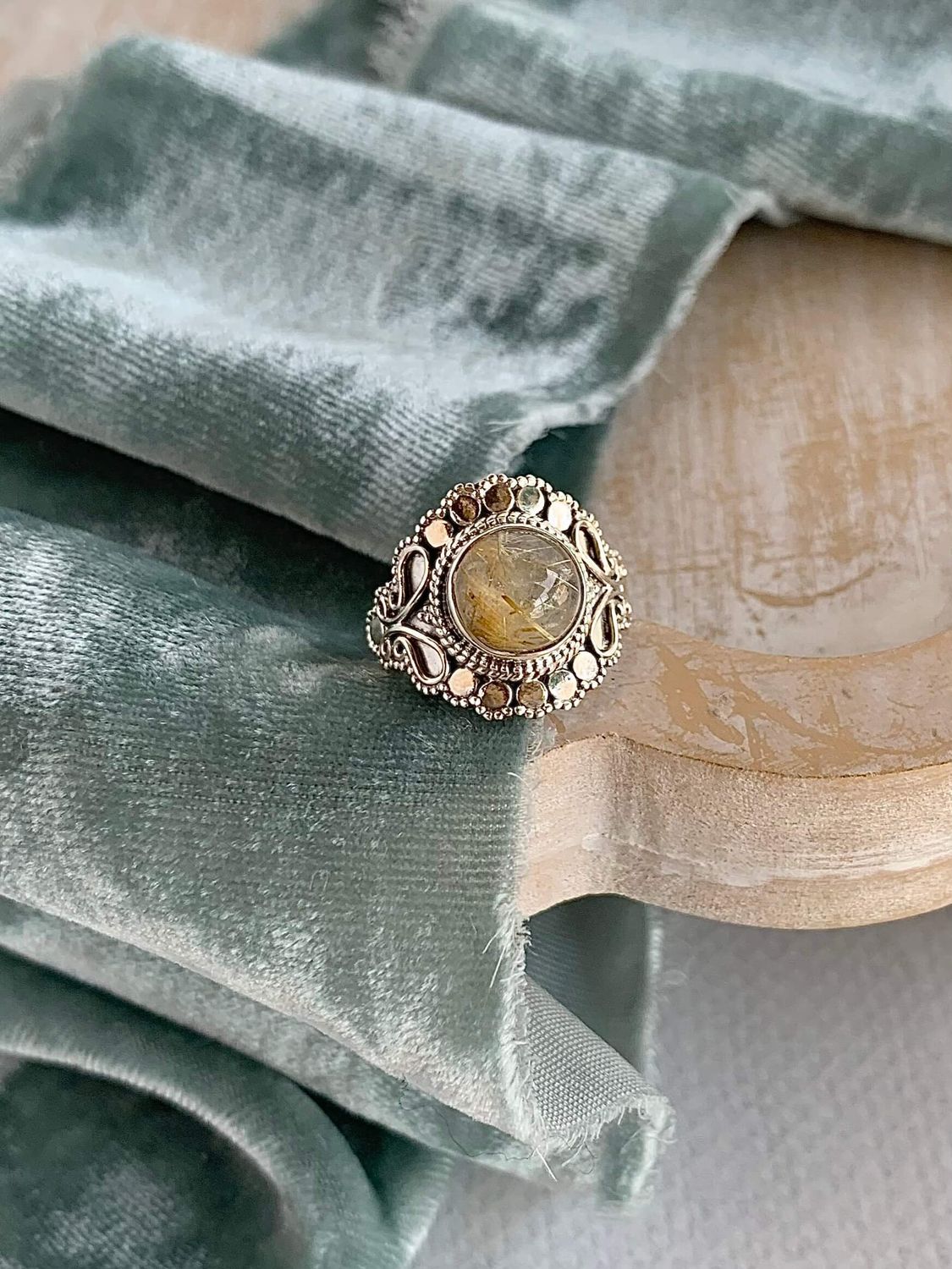 High Frequency Golden Rutile Quartz Silver Ring