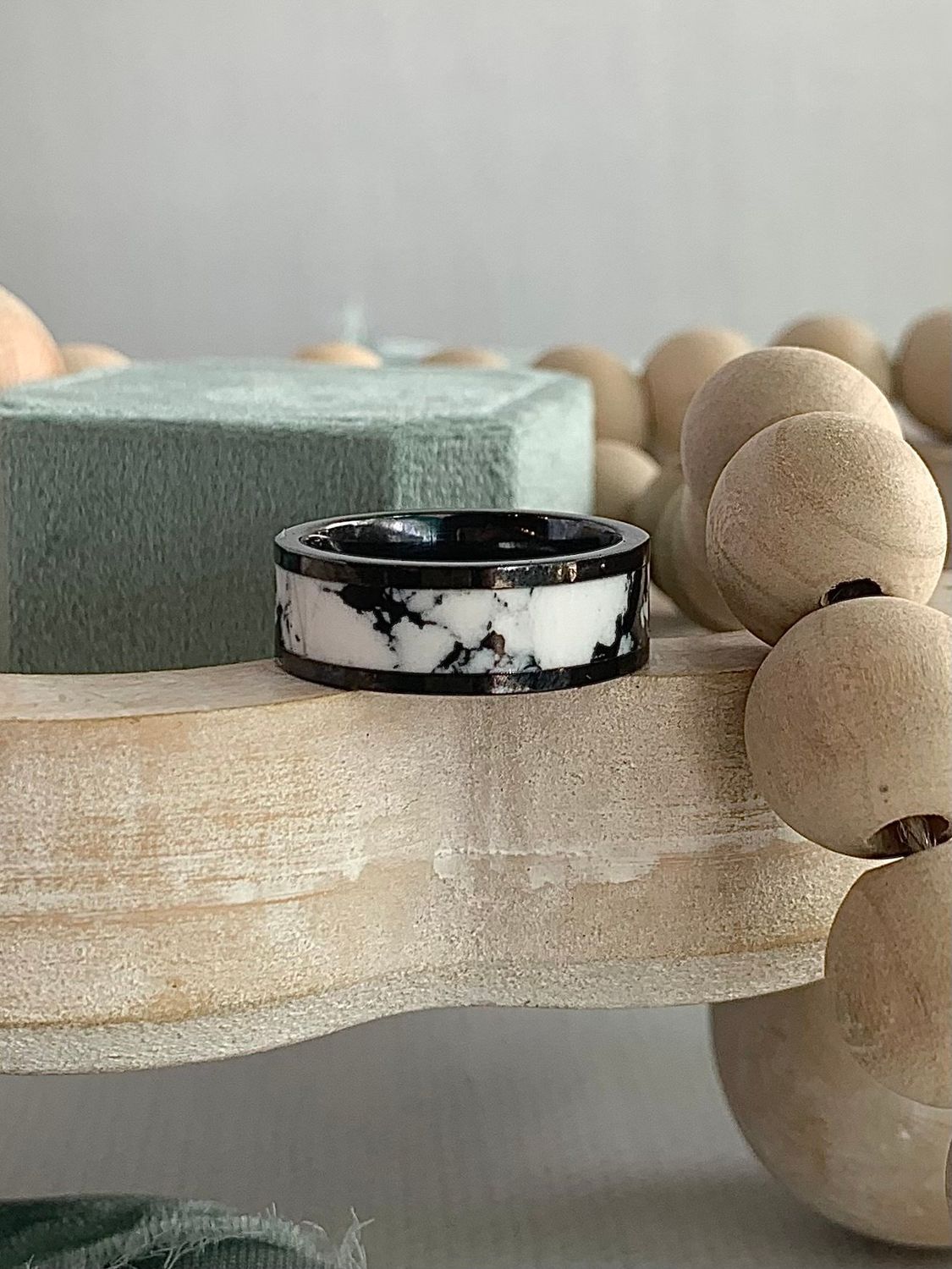 8mm Pipe Cut White Buffalo Black Ceramic Wedding Band