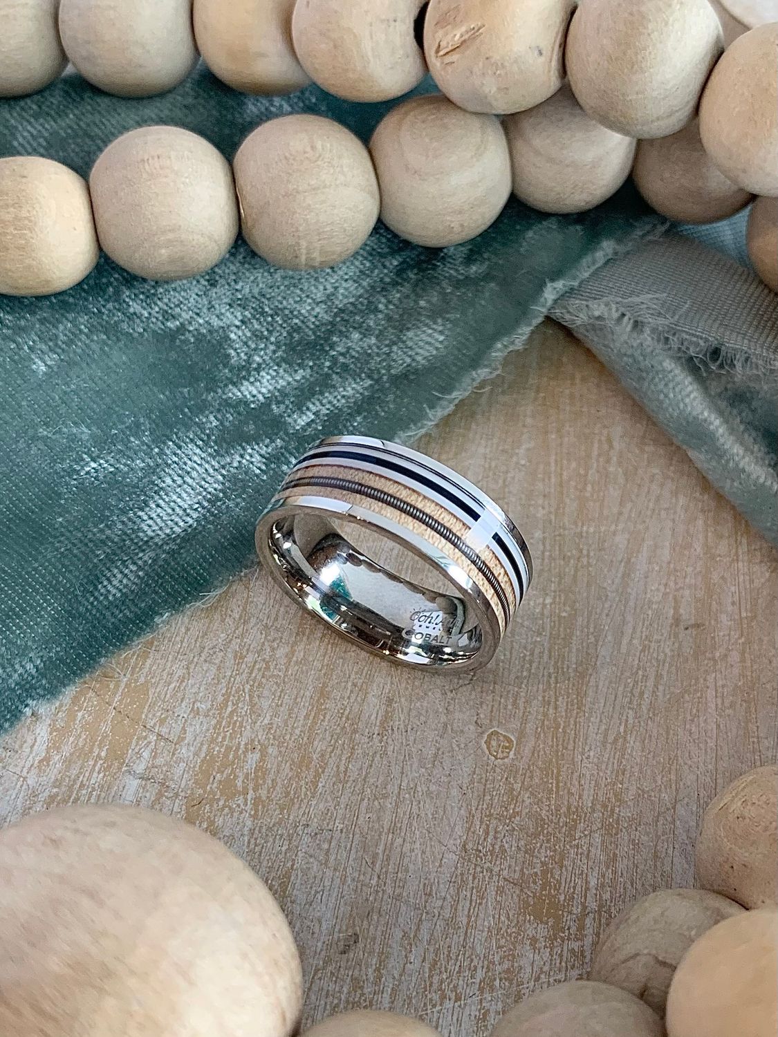 8mm Cobalt Flat Pipe Cut 4mm Ashwood, 2mm Pick Guard, 1mm Guitar String Wedding Band