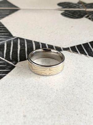 7mm Mokume Colbalt Pipe Cut 14k Yellow & White Gold & Silver Wedding Band