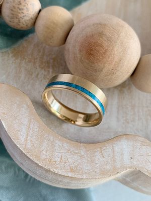 6mm 14k Brushed Yellow Gold Blue Turquoise Stripe Men's Wedding Ring