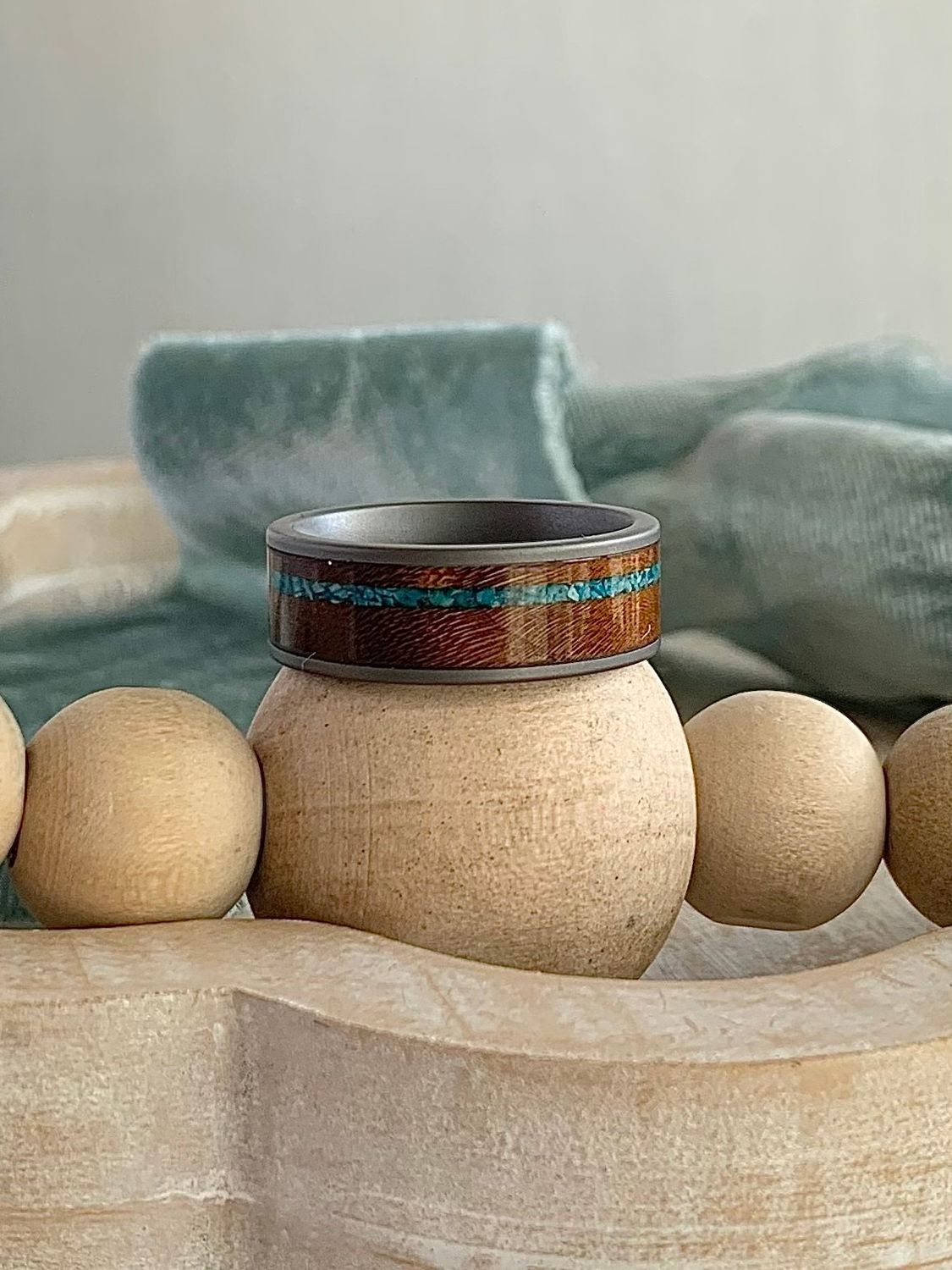 8mm Tungsten Flat Matte Finish With Honey Burlwood & Turquoise Wedding Band