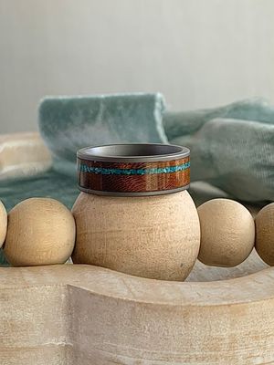 8mm Tungsten Flat Matte Finish With Honey Burlwood & Turquoise Wedding Band
