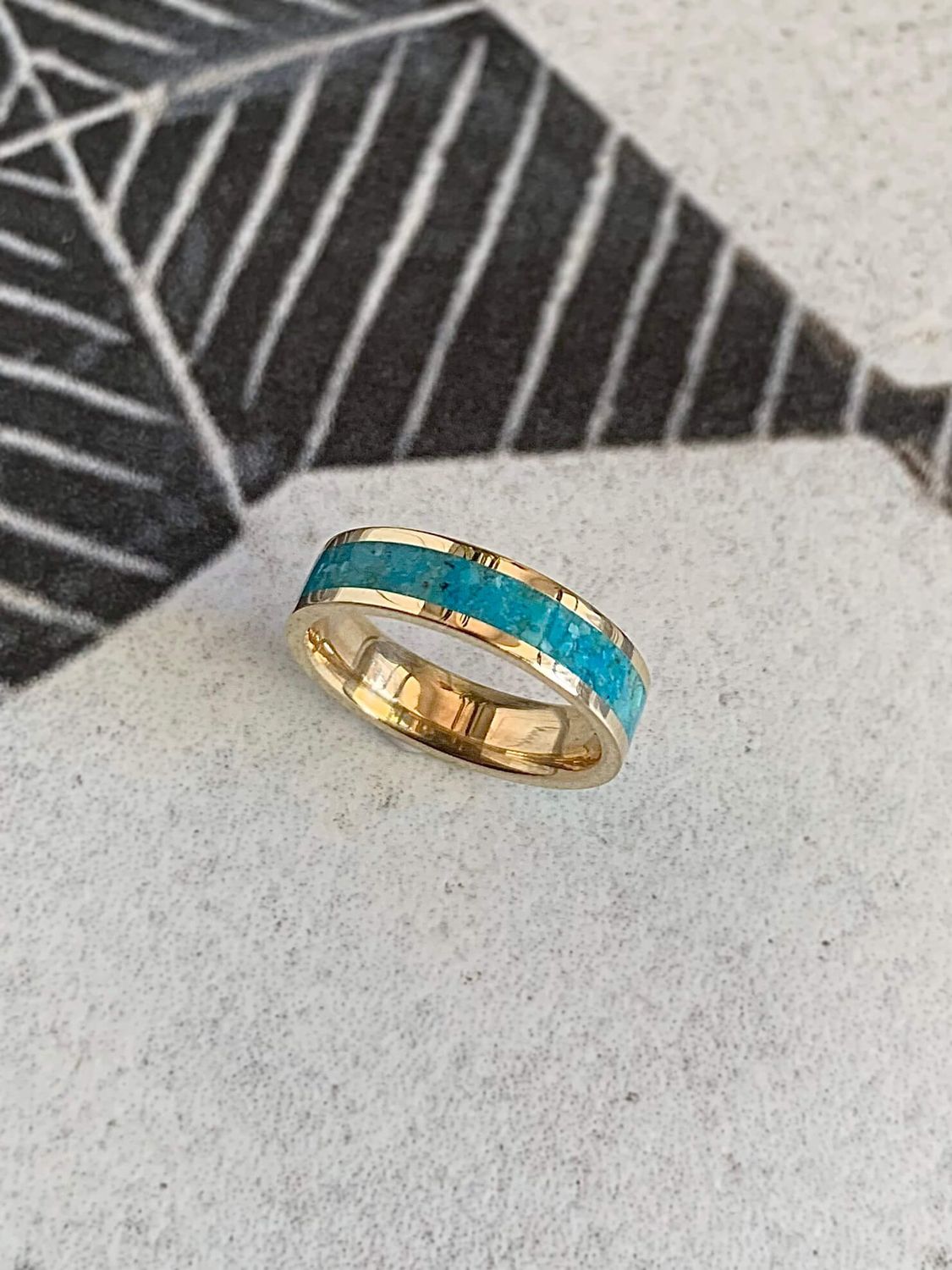 5mm Pipe Cut Turquoise 14k Yellow Gold Wedding Band