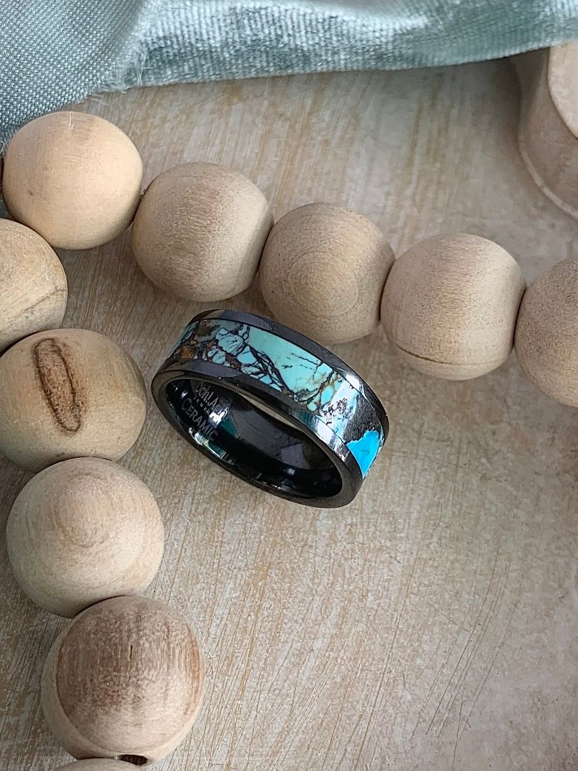 8mm Black Diamond Ceramic Turquoise Matrix Wedding Band
