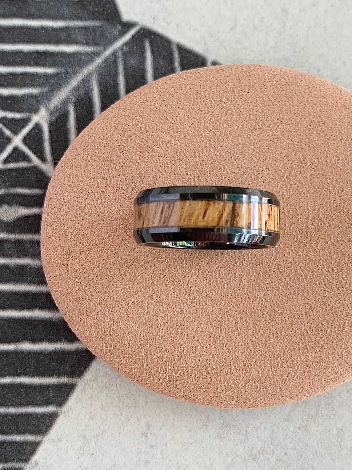 8mm Black Ceramic Beveled Edge Zebra Wood Wedding Band