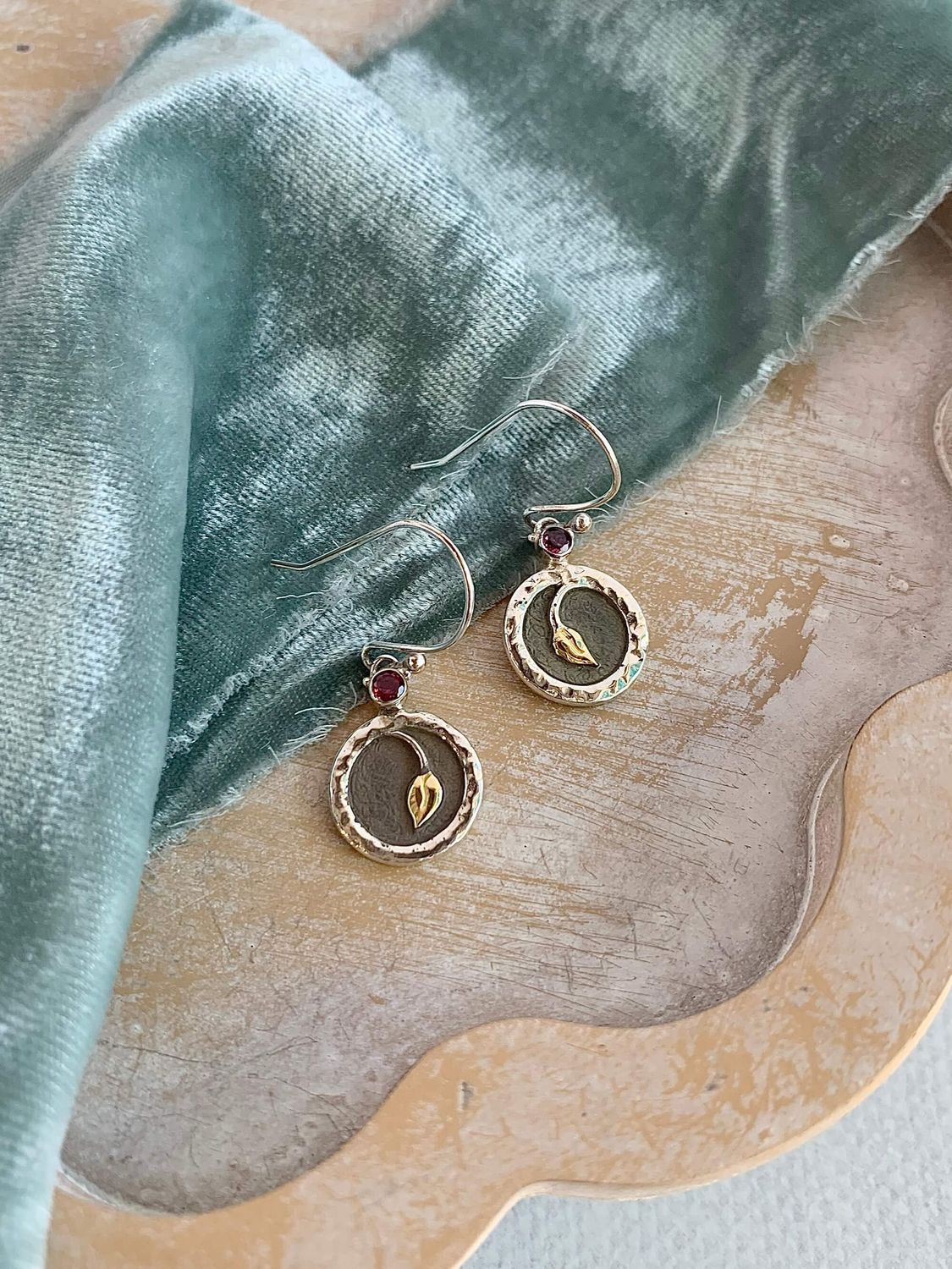 Mini Sprout Garnet Mixed Metal Earrings