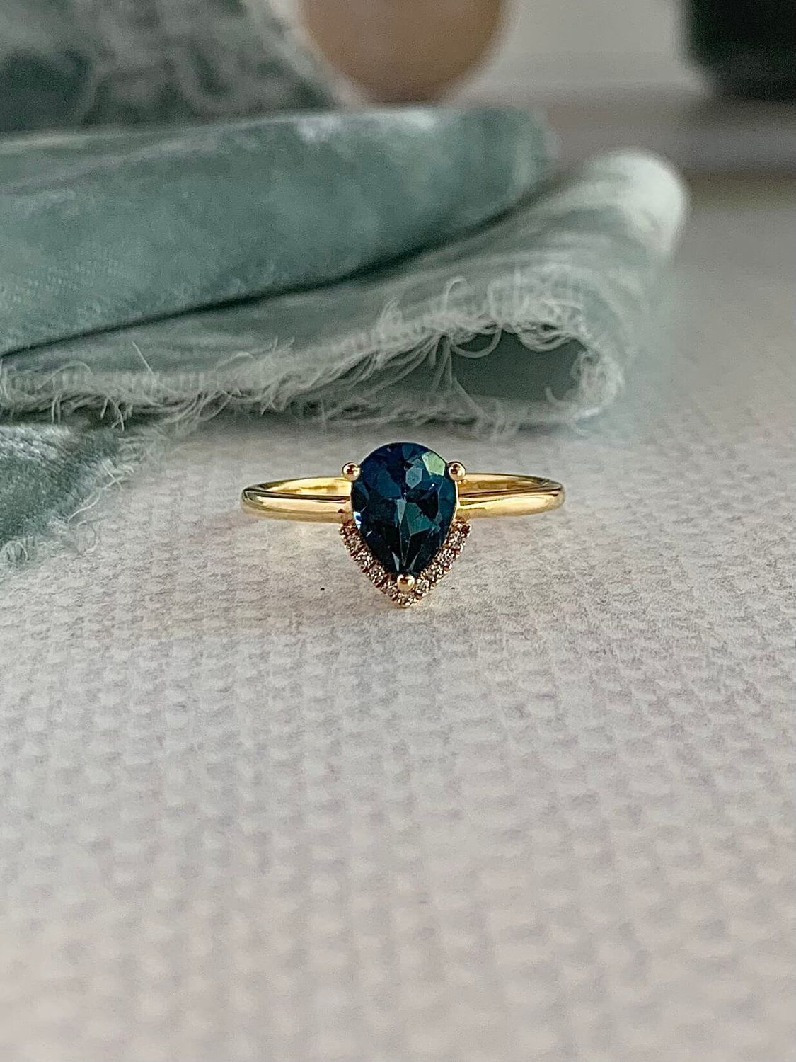 Pear London Blue Topaz Half Diamond Halo 18k Yellow Gold Ring