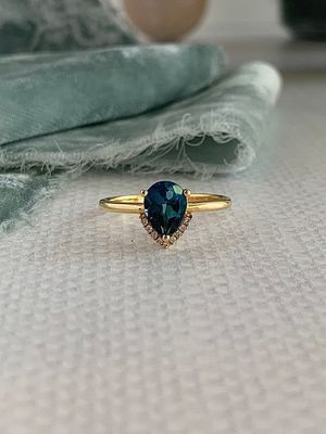 Pear London Blue Topaz Half Diamond Halo 18k Yellow Gold Ring