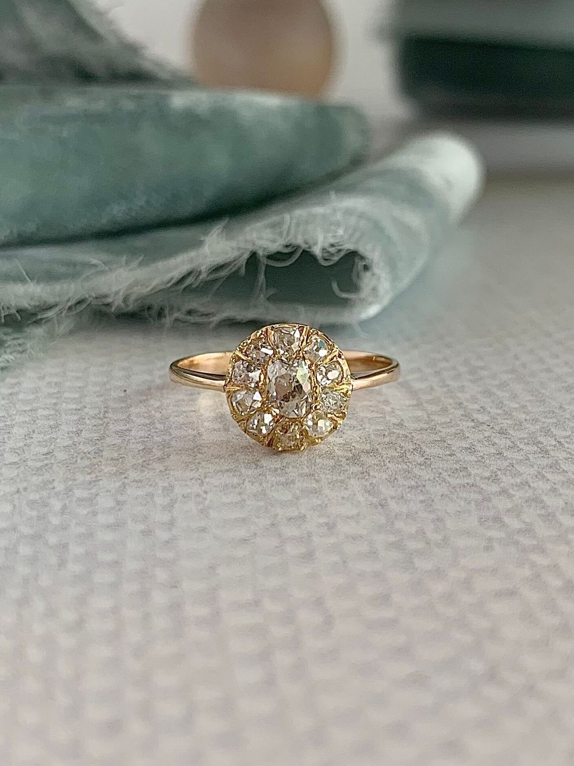 Estate Argentinian Old Mine Cut Diamond Flower 14k Yellow Gold Engagement Ring