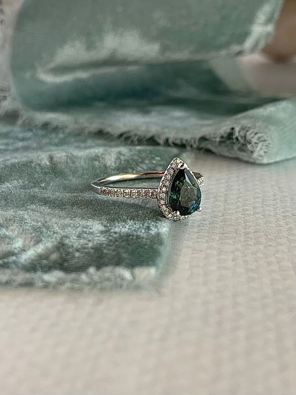 Josephine Australian Sapphire Diamond Halo 14k White Gold Engagement Ring