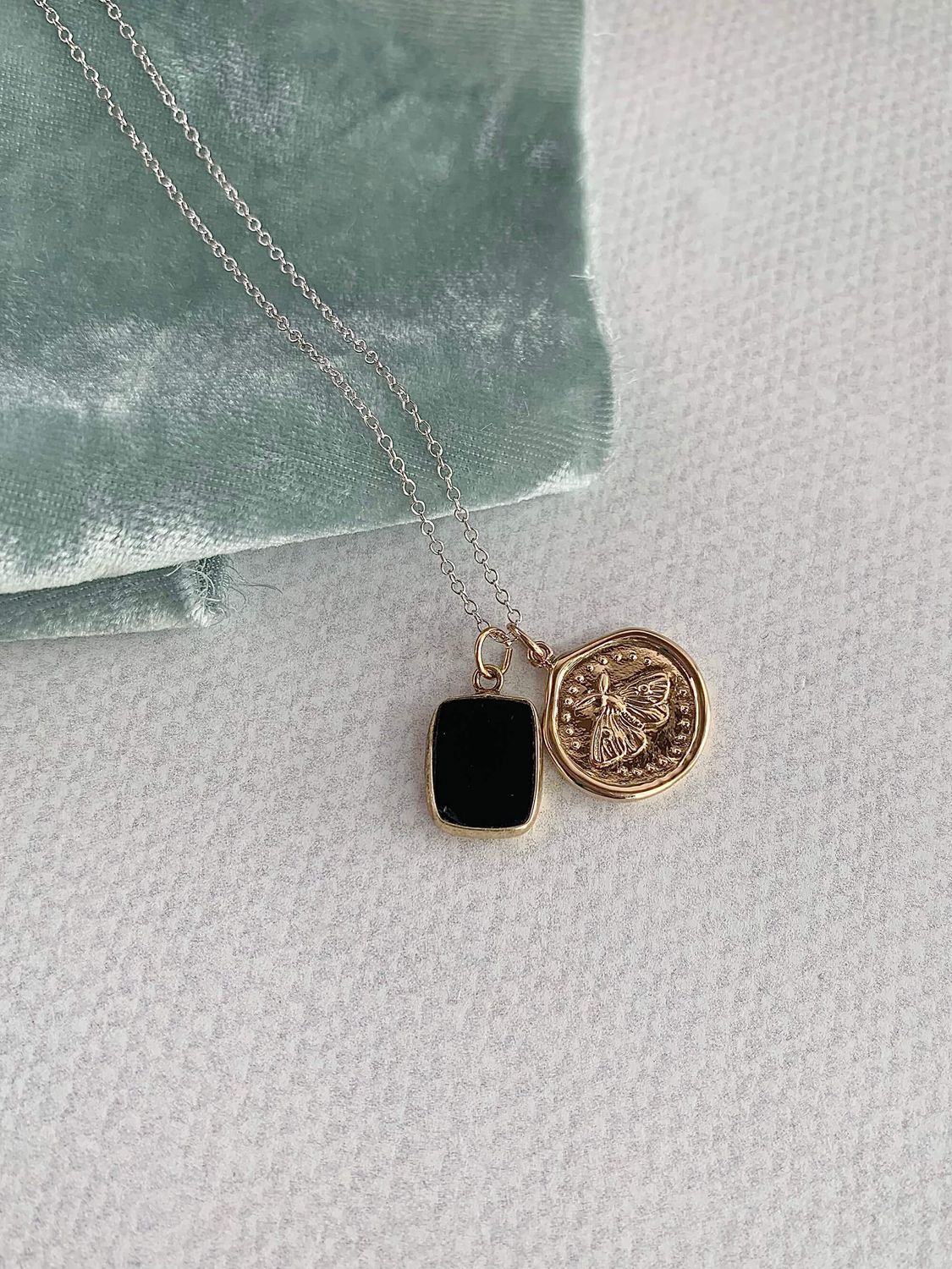 Spiritual Moth Black Onyx Mixed Metal Necklace