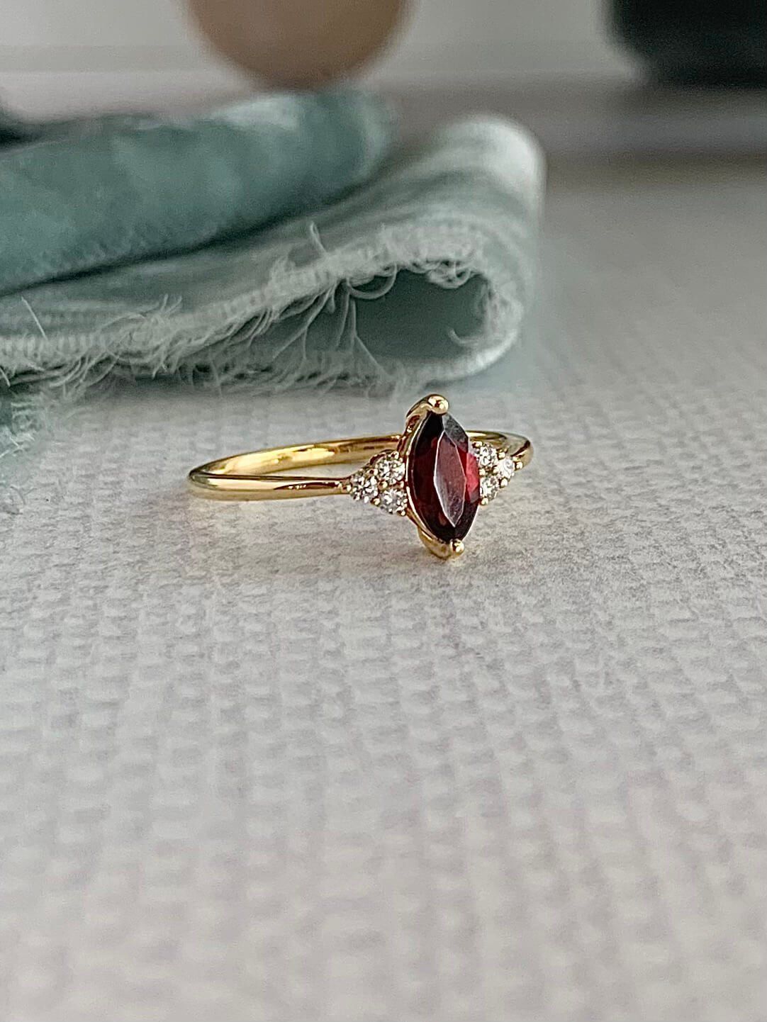 Marquise Rhodolite Garnet Diamond Cluster 18k Yellow Gold Ring