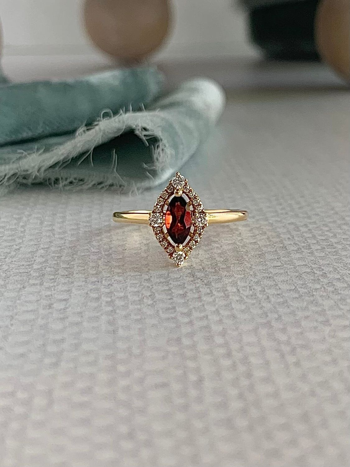 Marquise Rhodolite Garnet Diamond Halo 18k Yellow Gold Ring