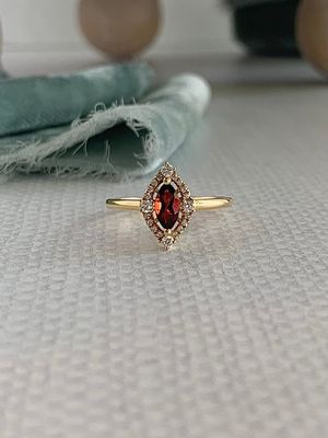 Marquise Rhodolite Garnet Diamond Halo 18k Yellow Gold Ring