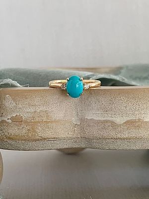 Estate Oval Turquoise Diamond 14k Yellow Gold Ring