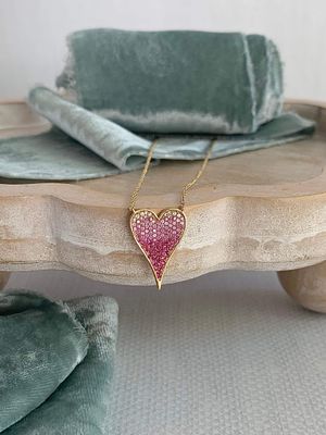 Sweetheart Pink & White Gold Sapphire Ombre Heart 18k Yellow Gold Necklace