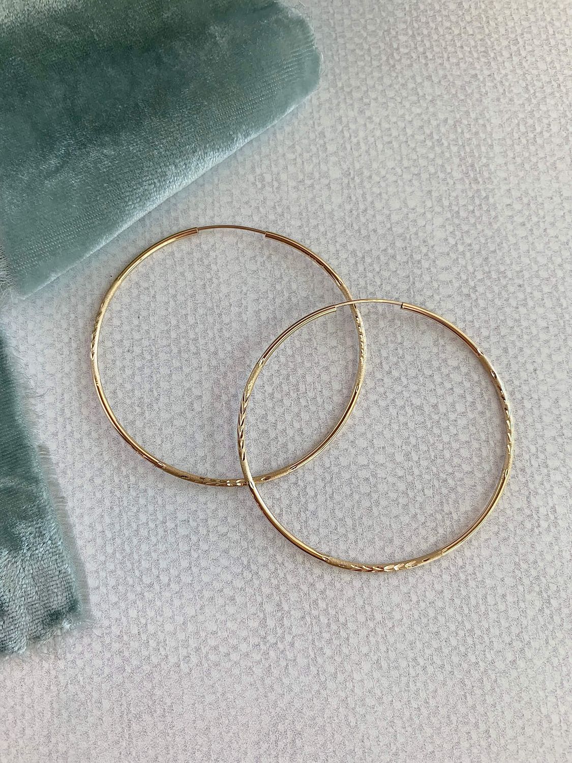 Bold 55mm Etched 14k Yellow Gold Hoops