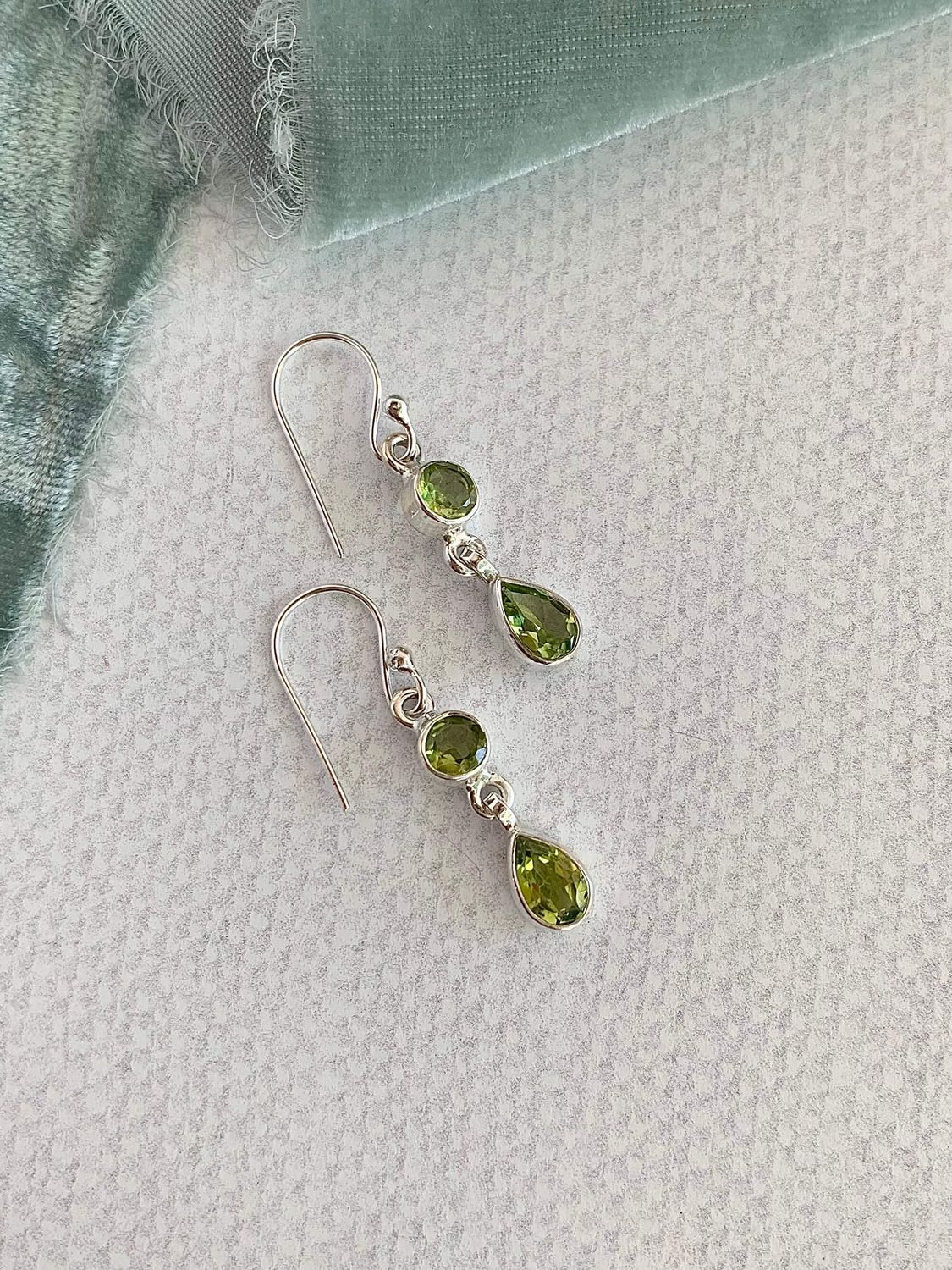 Linked Round and Pear Peridot Silver Drop Earrings