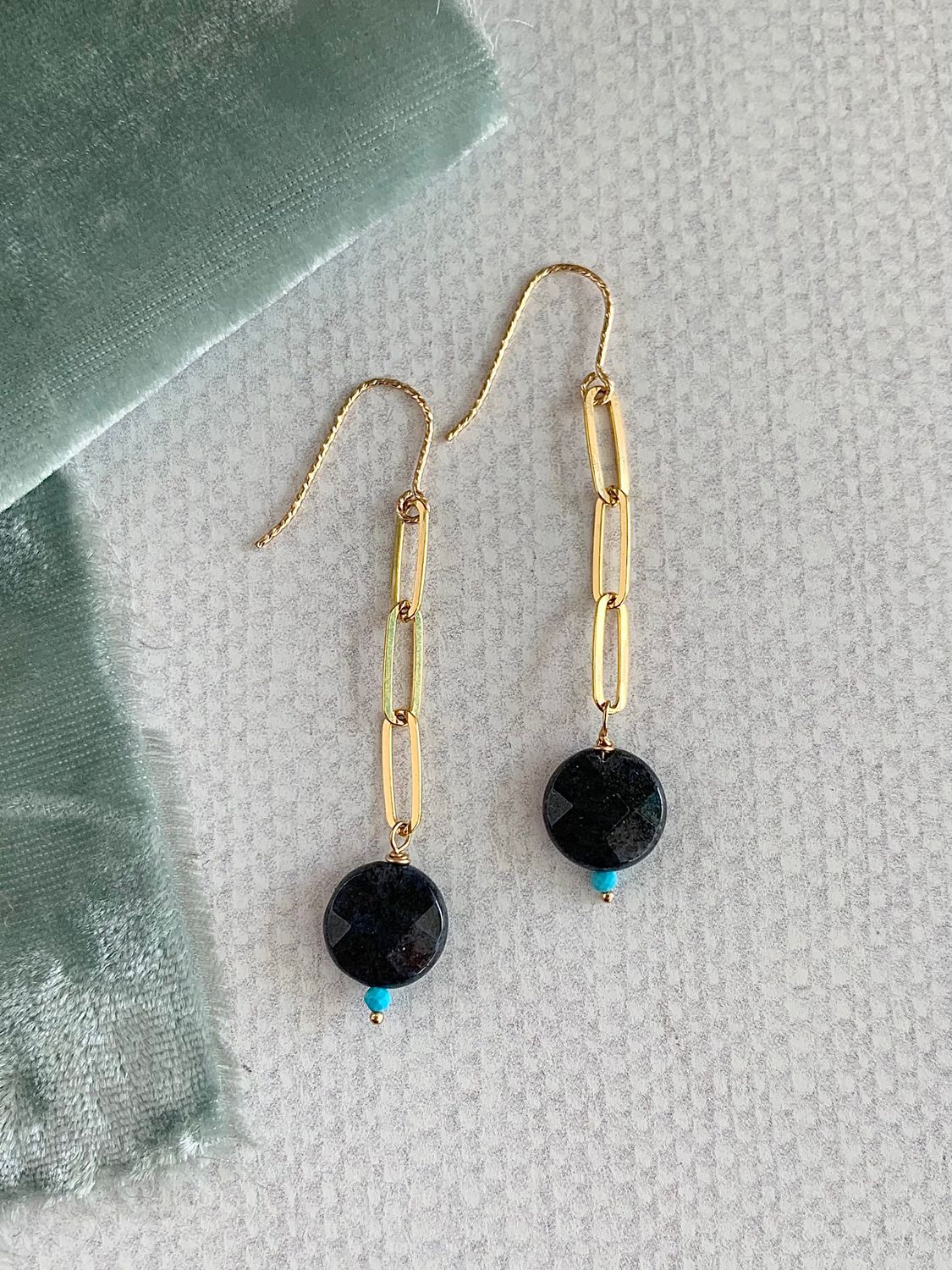 Dark Labradorite Turquoise Gold Fill Earrings