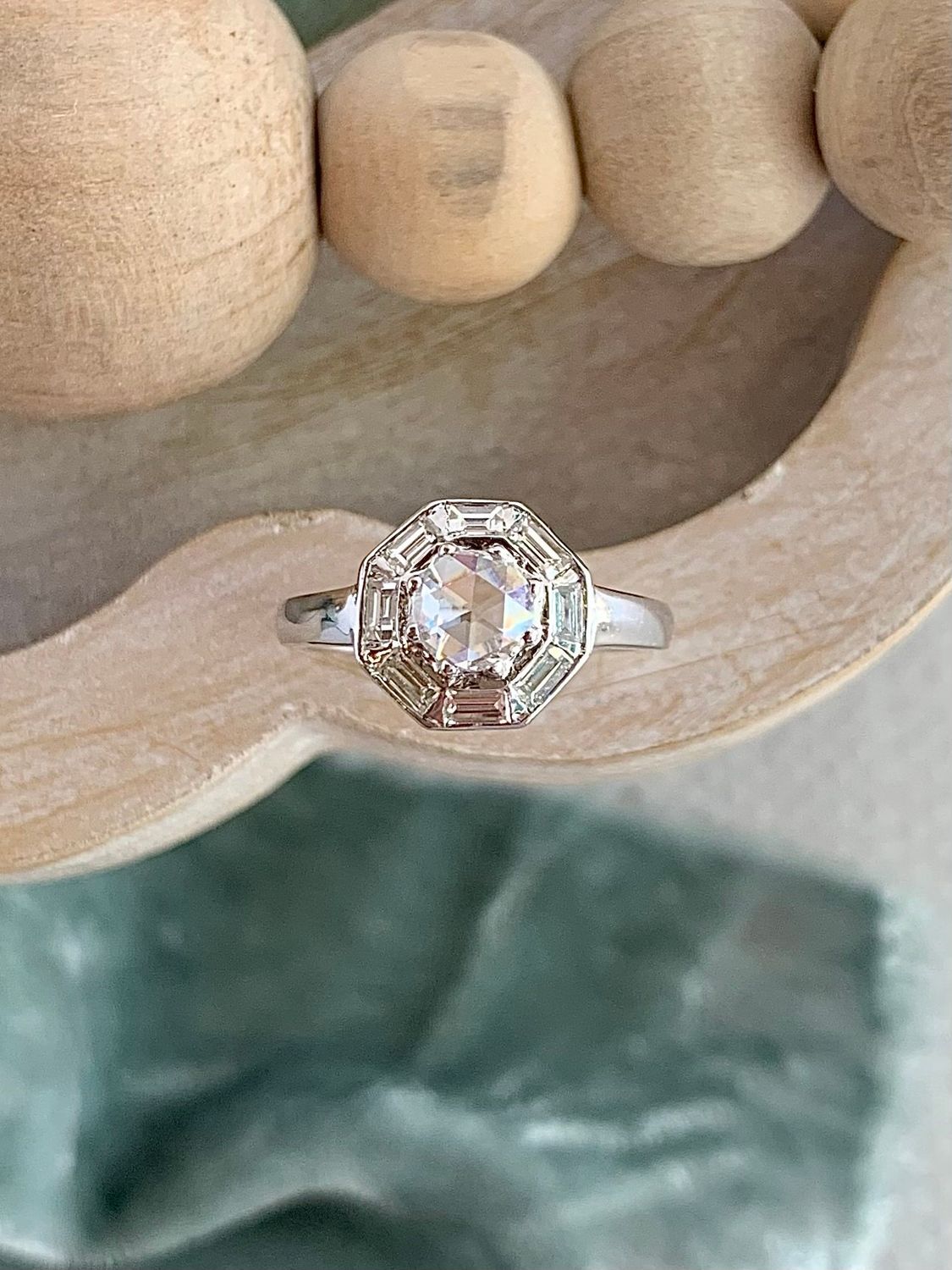 Rosalie 18k White Rose Cut Diamond Hex Shaped Engagement Ring