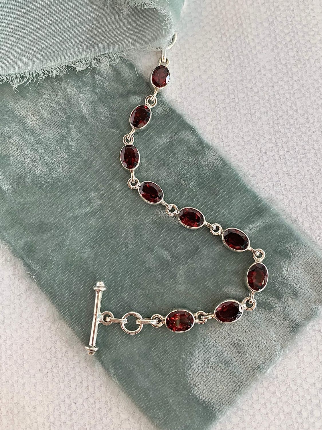 Oval Garnet Silver Bracelet