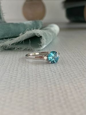 Blue Green Zircon & Diamond 14k White Gold Ring